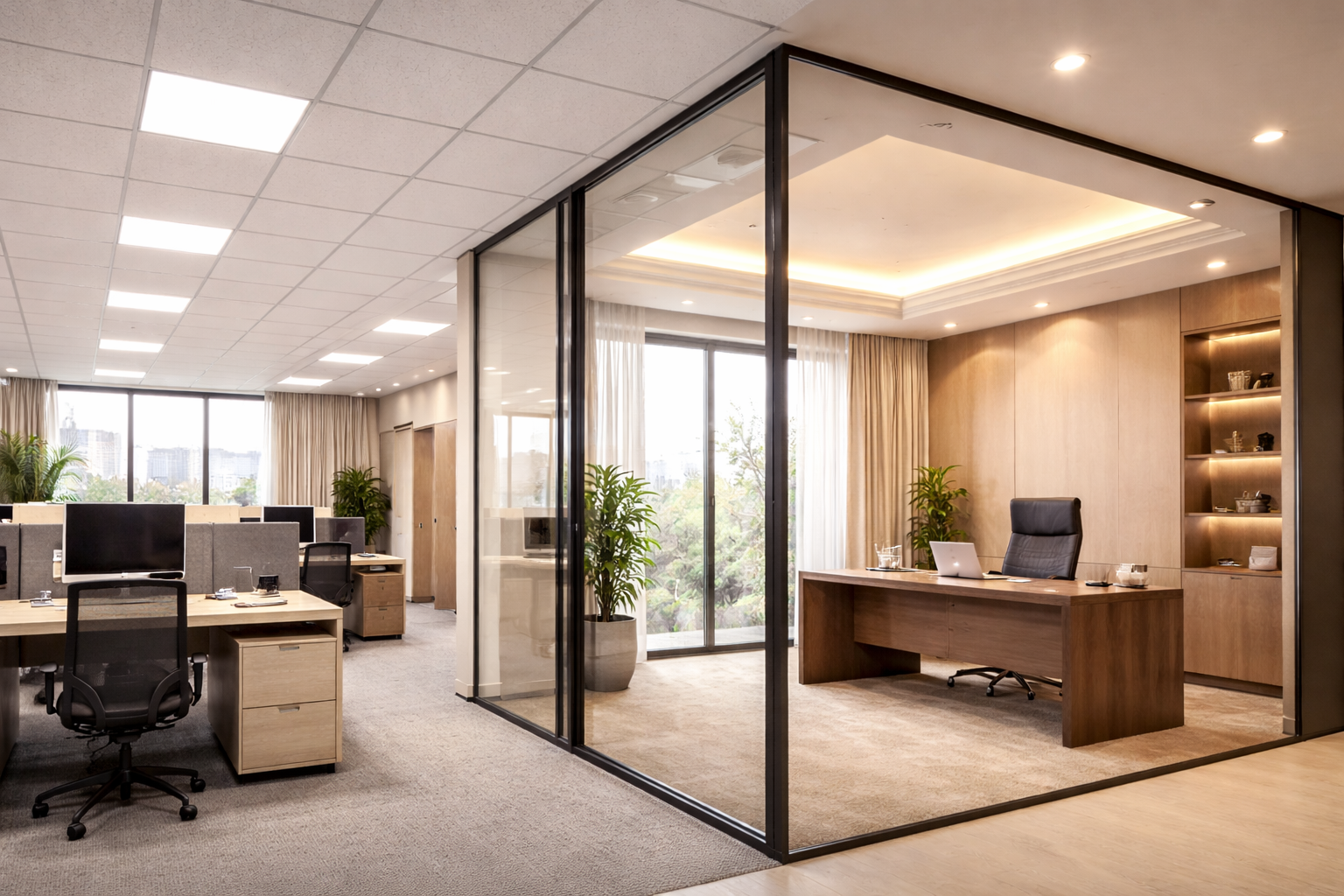 Office space with grid ceiling and gypsum ceiling comparison — Bangalore commercial interior