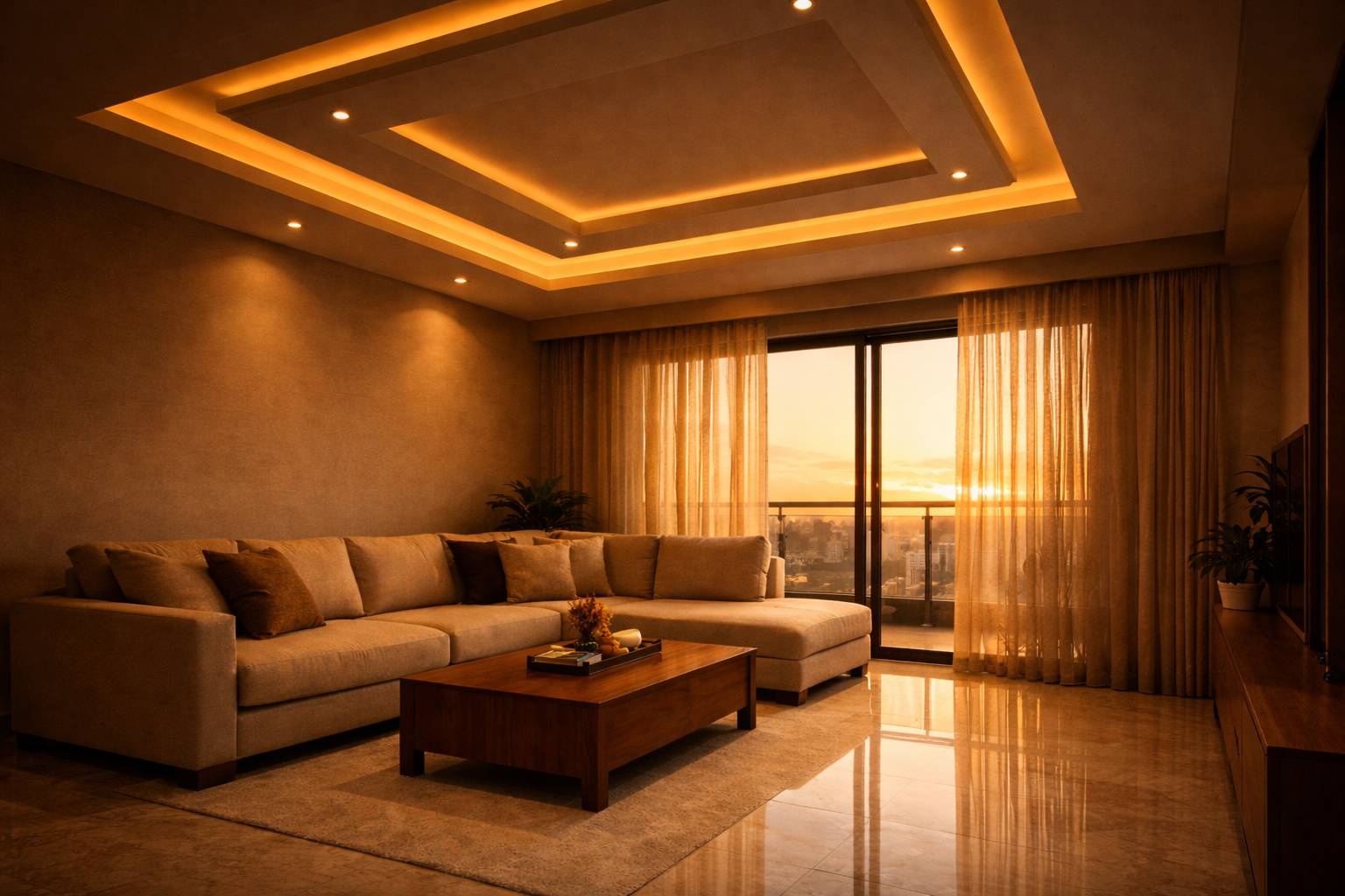 Luxurious false ceiling with cove lighting in a Bangalore living room — Elysian False Ceiling