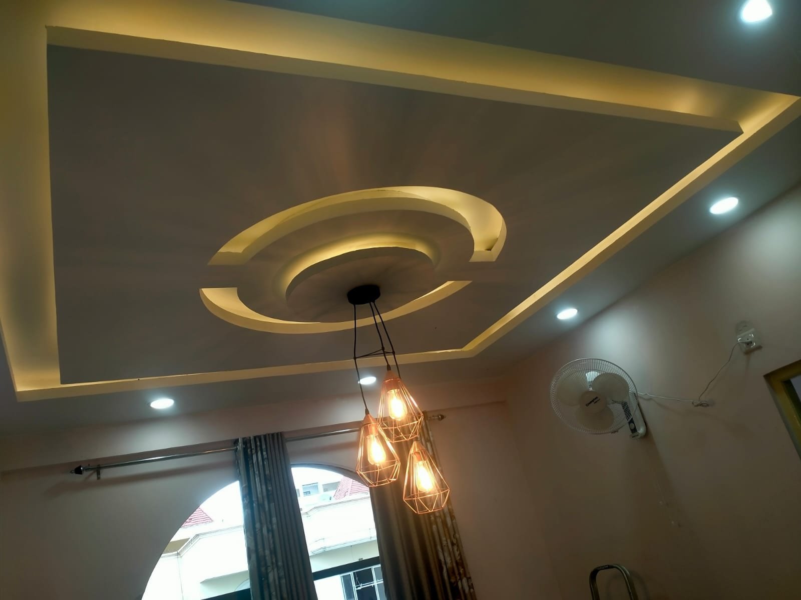 Custom curved circular POP ceiling medallion with cove lighting