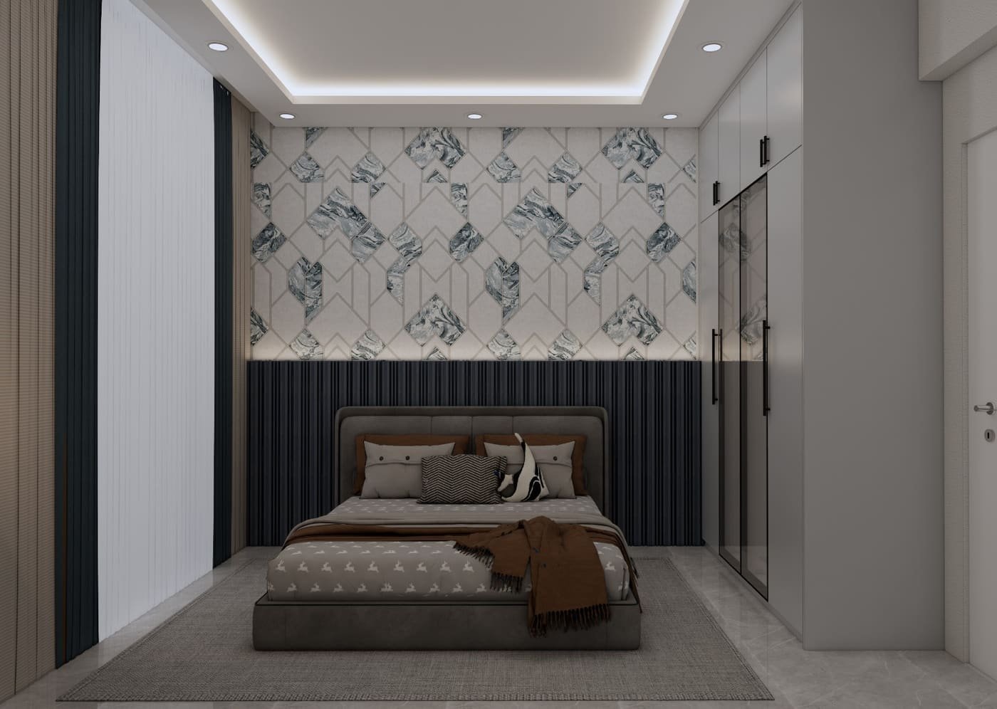 Multi-level POP tray ceiling with cove lighting in a Bangalore bedroom