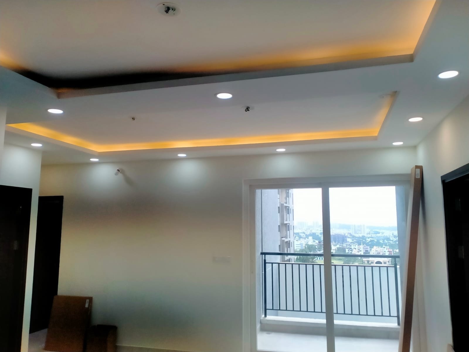 Whitefield 3BHK POP tray ceiling with cove lighting and concealed AC ducts