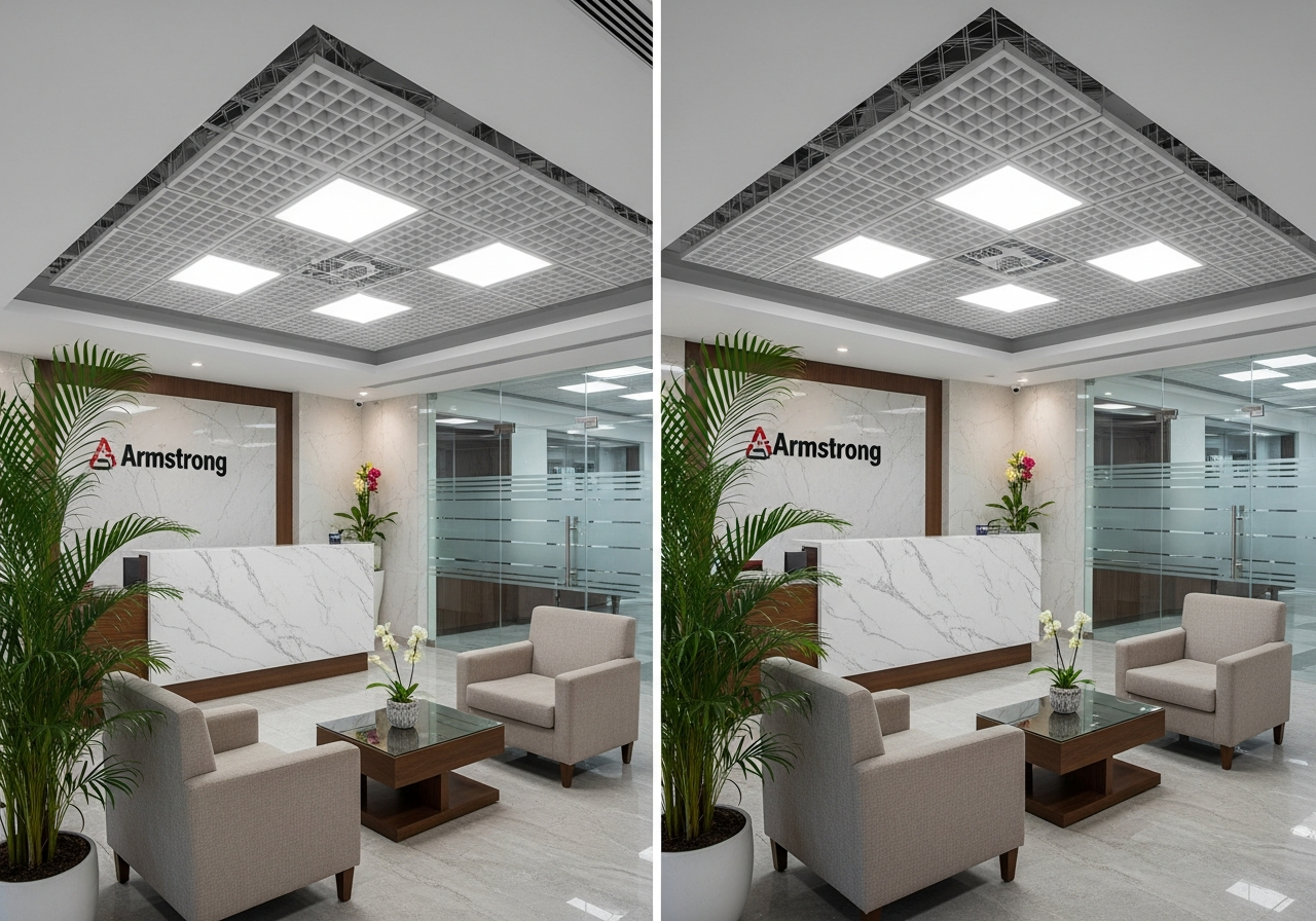 Bank branch with new Armstrong grid ceiling replacing aged original, Malleswaram — Elysian False Ceiling