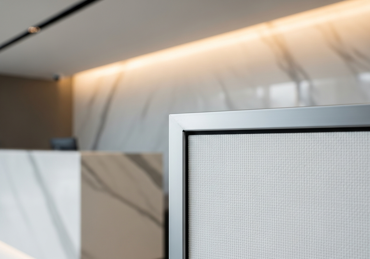 Teller counter area with uniform grid ceiling and recessed panel lighting — Elysian False Ceiling