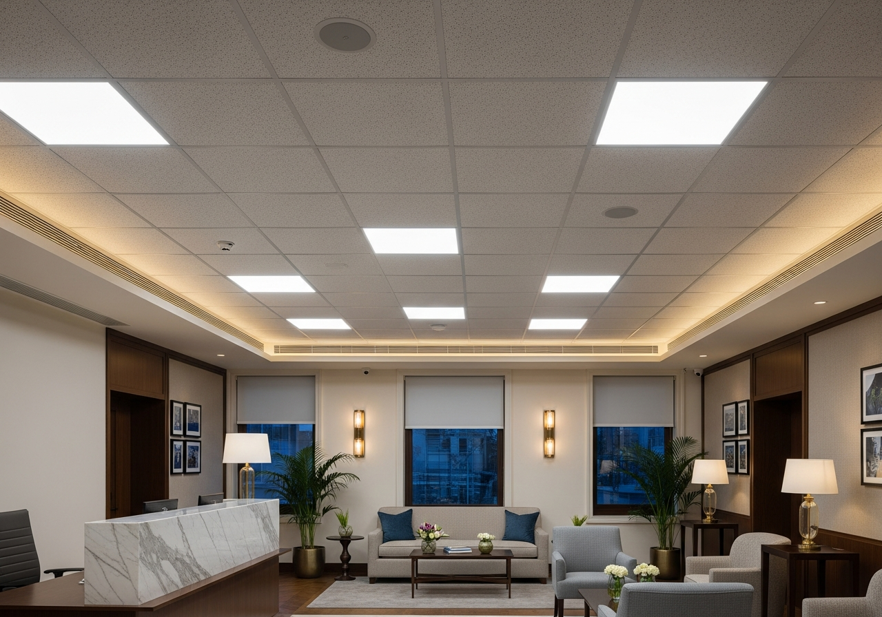 Customer waiting area with clean, fresh grid ceiling and panel lights — Elysian False Ceiling