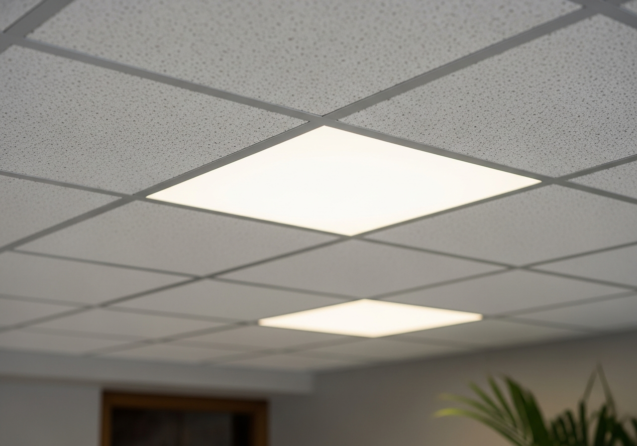 Basement ceiling with dense panel light layout compensating for lack of natural light — Elysian False Ceiling