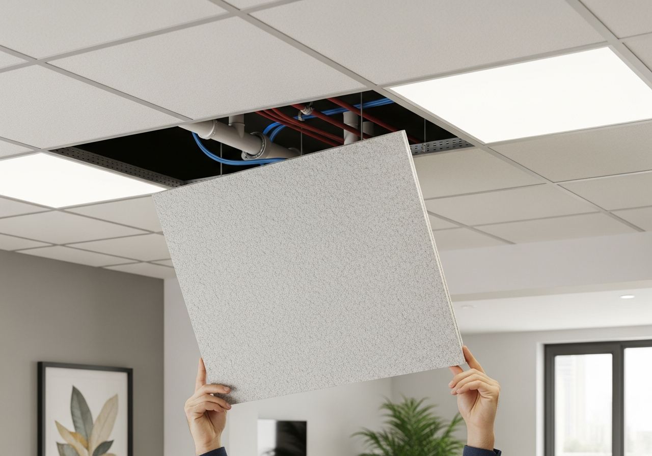 Grid tile being lifted to show concealed plumbing above ceiling plane — Elysian False Ceiling