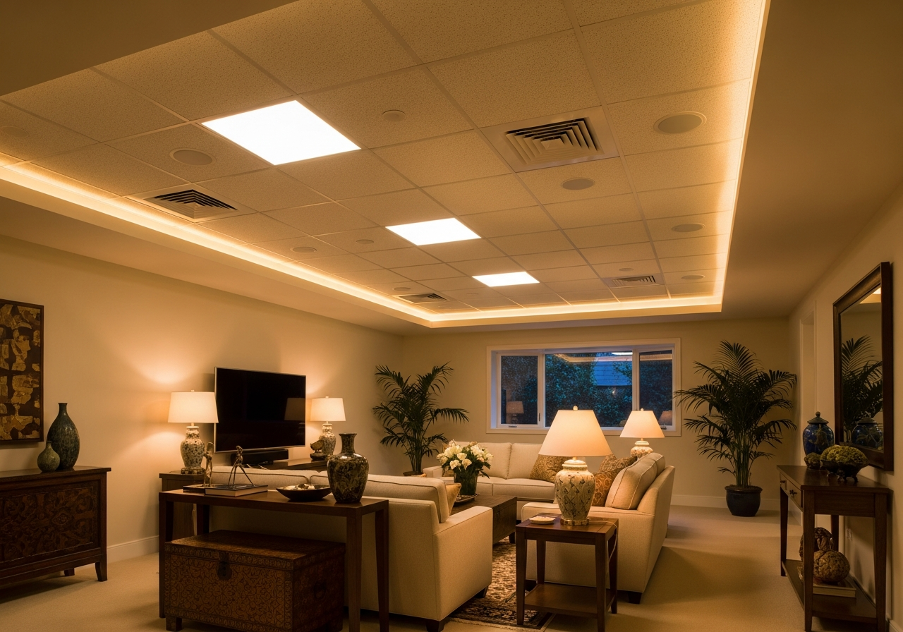 Completed basement entertainment room with bright, uniform grid ceiling — Elysian False Ceiling