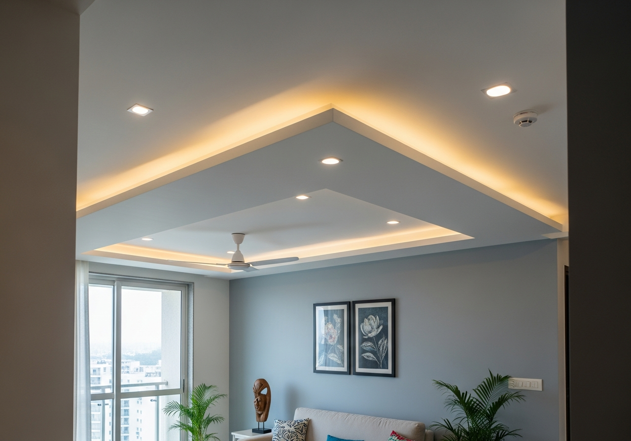 Compact 2BHK apartment with flat gypsum ceiling and living room cove lighting, Marathahalli — Elysian False Ceiling