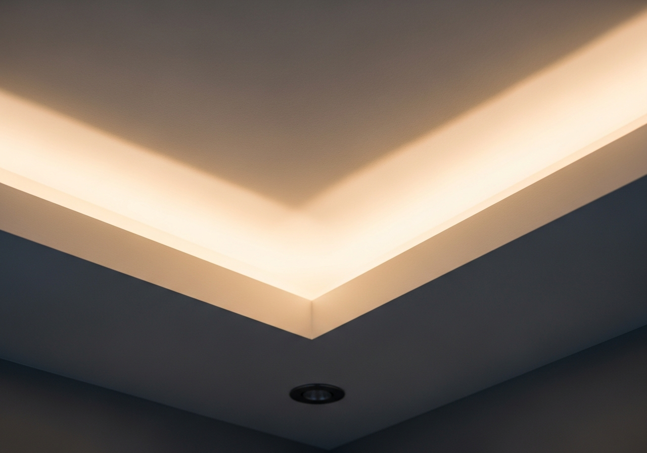 Living room showing perimeter LED cove effect against clean gypsum ceiling — Elysian False Ceiling