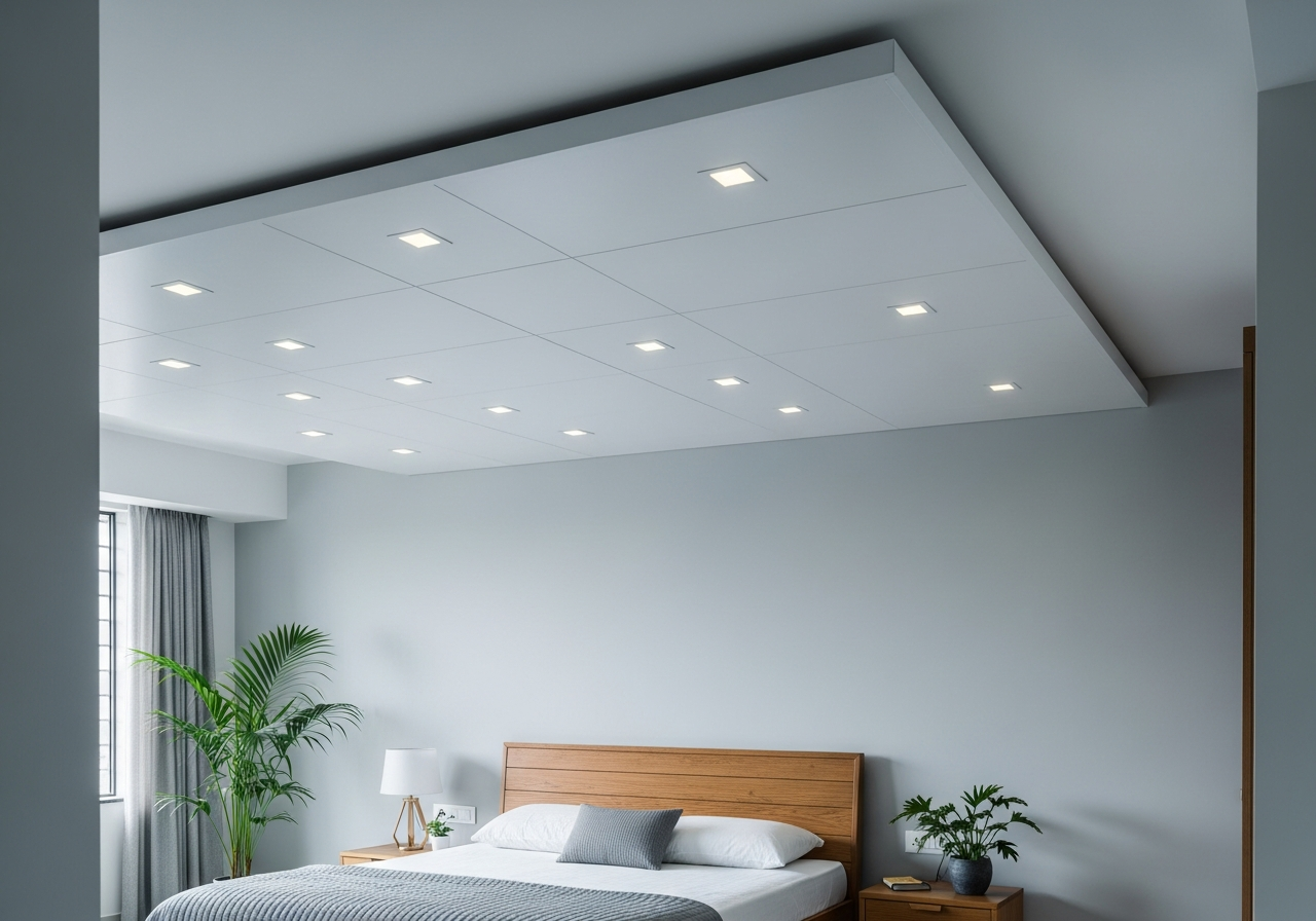 Bedroom with flat gypsum ceiling and recessed downlight — Elysian False Ceiling
