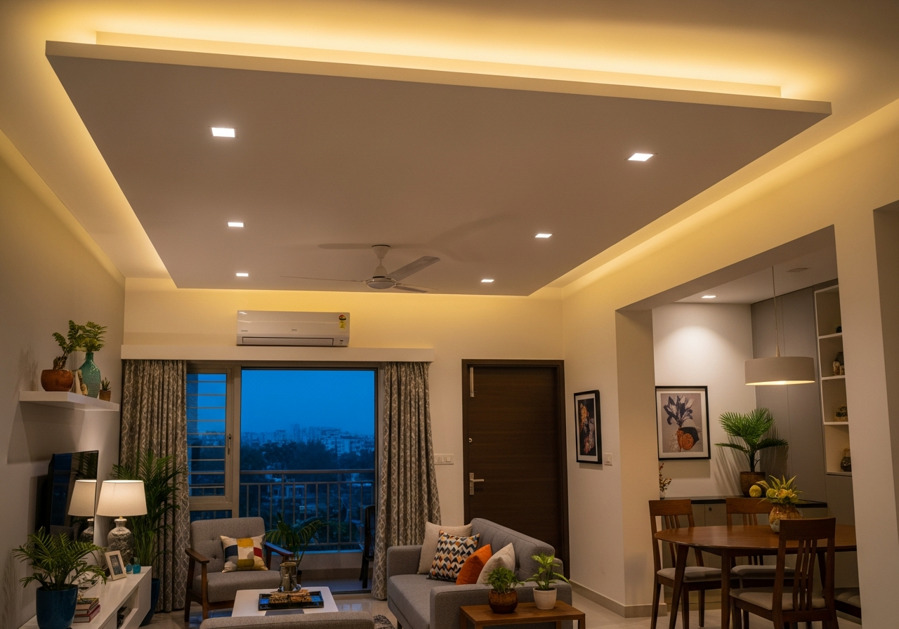 Before-state showing exposed conduits on builder ceiling replaced by clean gypsum finish — Elysian False Ceiling