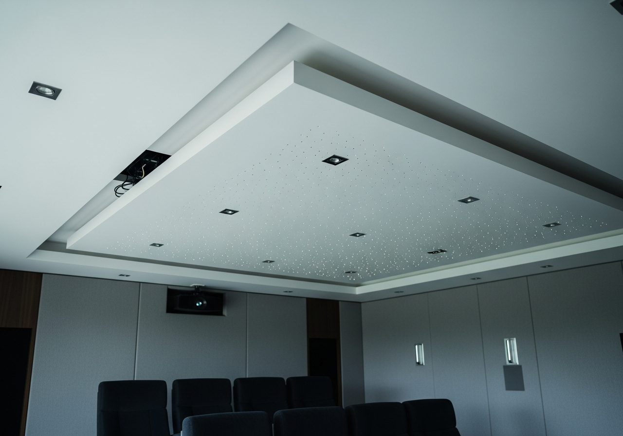 Home theatre with star-effect fibre optic gypsum ceiling, Bellandur — Elysian False Ceiling