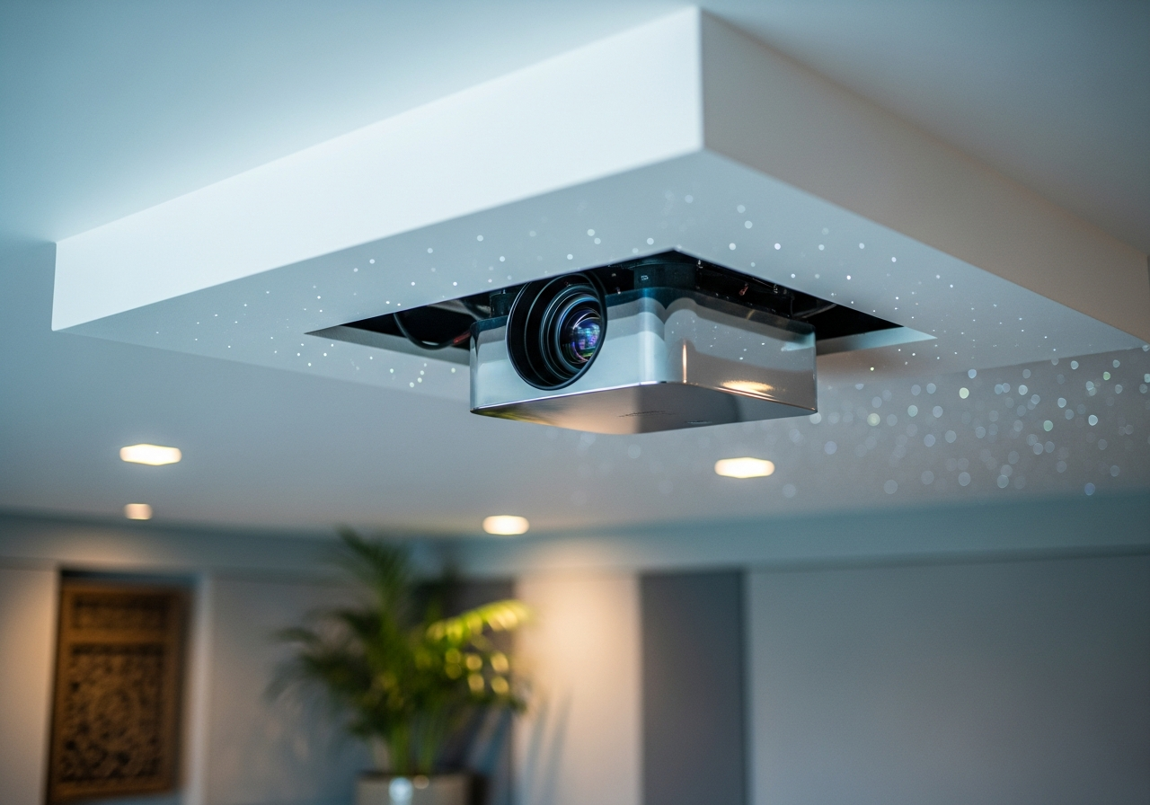 Projector emerging from concealed ceiling recess in home theatre — Elysian False Ceiling