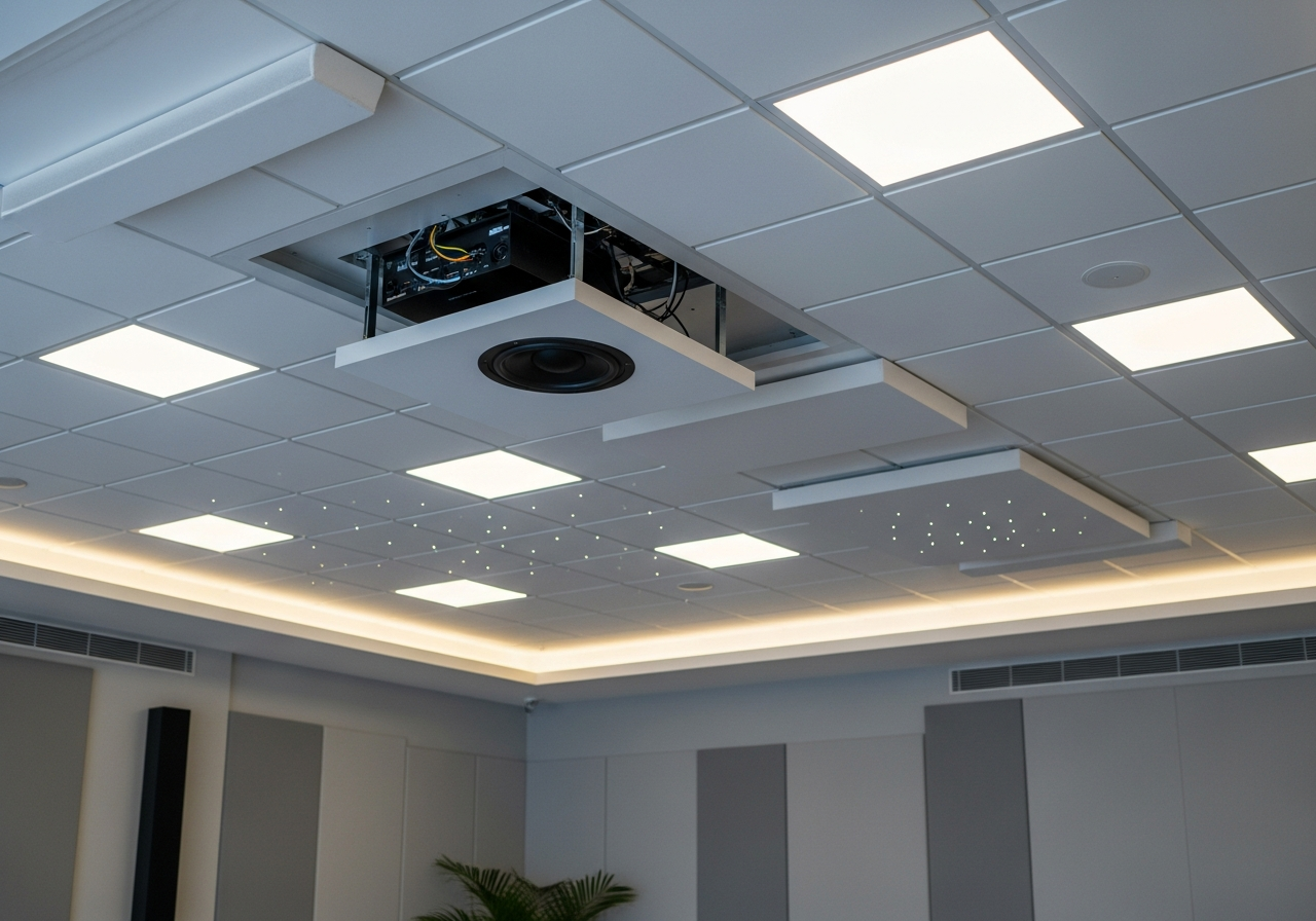Acoustic gypsum panel detail showing speaker integration behind ceiling surface — Elysian False Ceiling