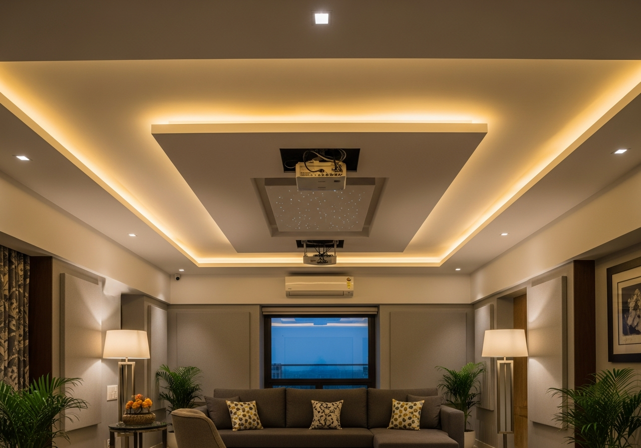 Full home theatre room view with double-layer gypsum ceiling and cinema lighting — Elysian False Ceiling