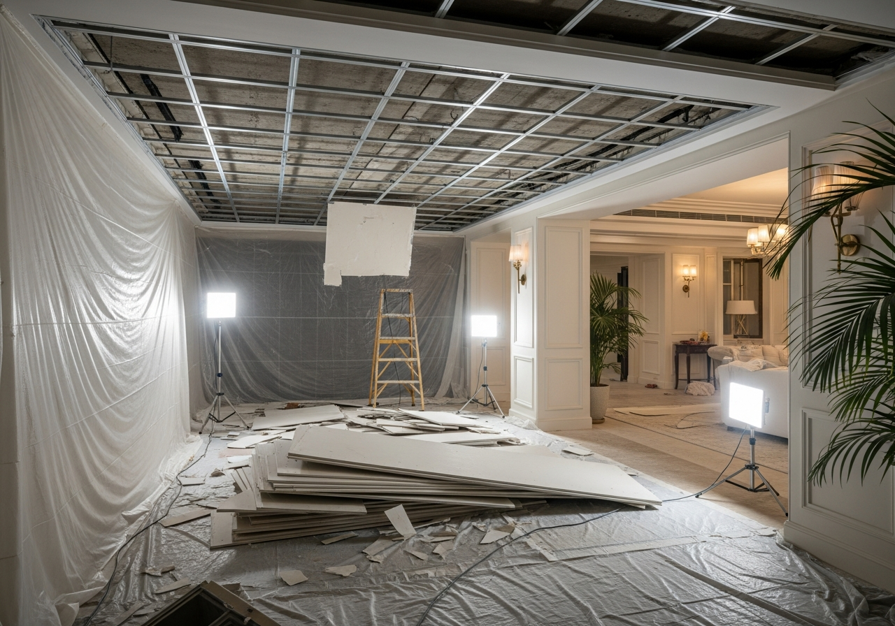 Old ceiling demolition in progress with dust containment measures in place — Elysian False Ceiling