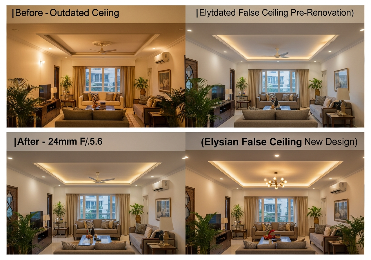 Comparison shot showing new flat POP ceiling profile replacing outdated design — Elysian False Ceiling