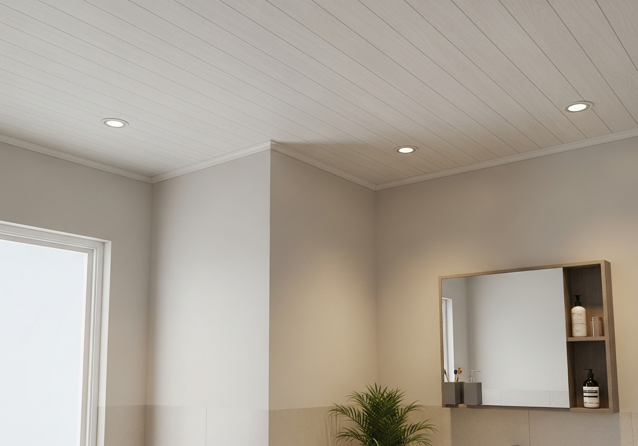 2BHK rental apartment bathroom with neutral matte PVC ceiling, HBR Layout — Elysian False Ceiling