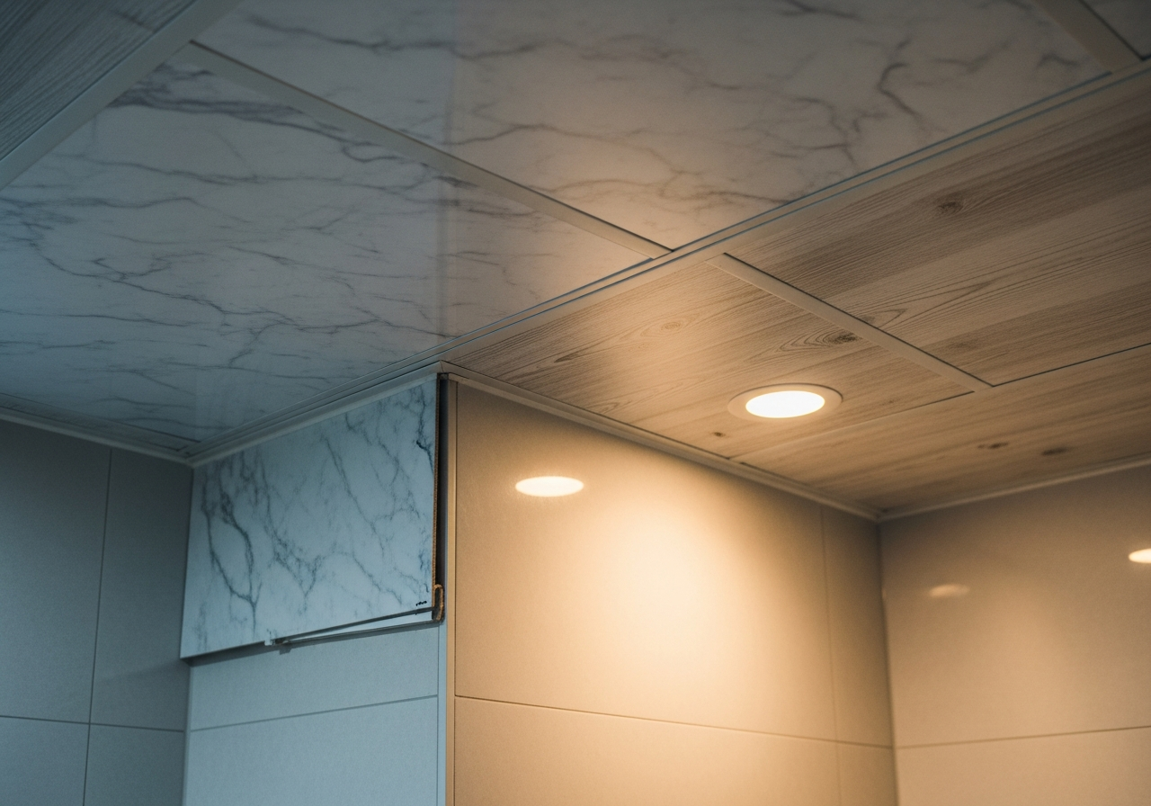PVC panel edge detail at ceiling-wall junction in apartment bathroom — Elysian False Ceiling