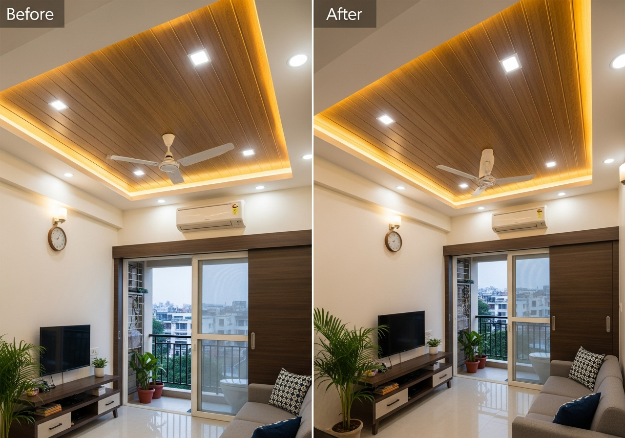 Before-and-after showing plain plaster replaced by clean PVC ceiling — Elysian False Ceiling