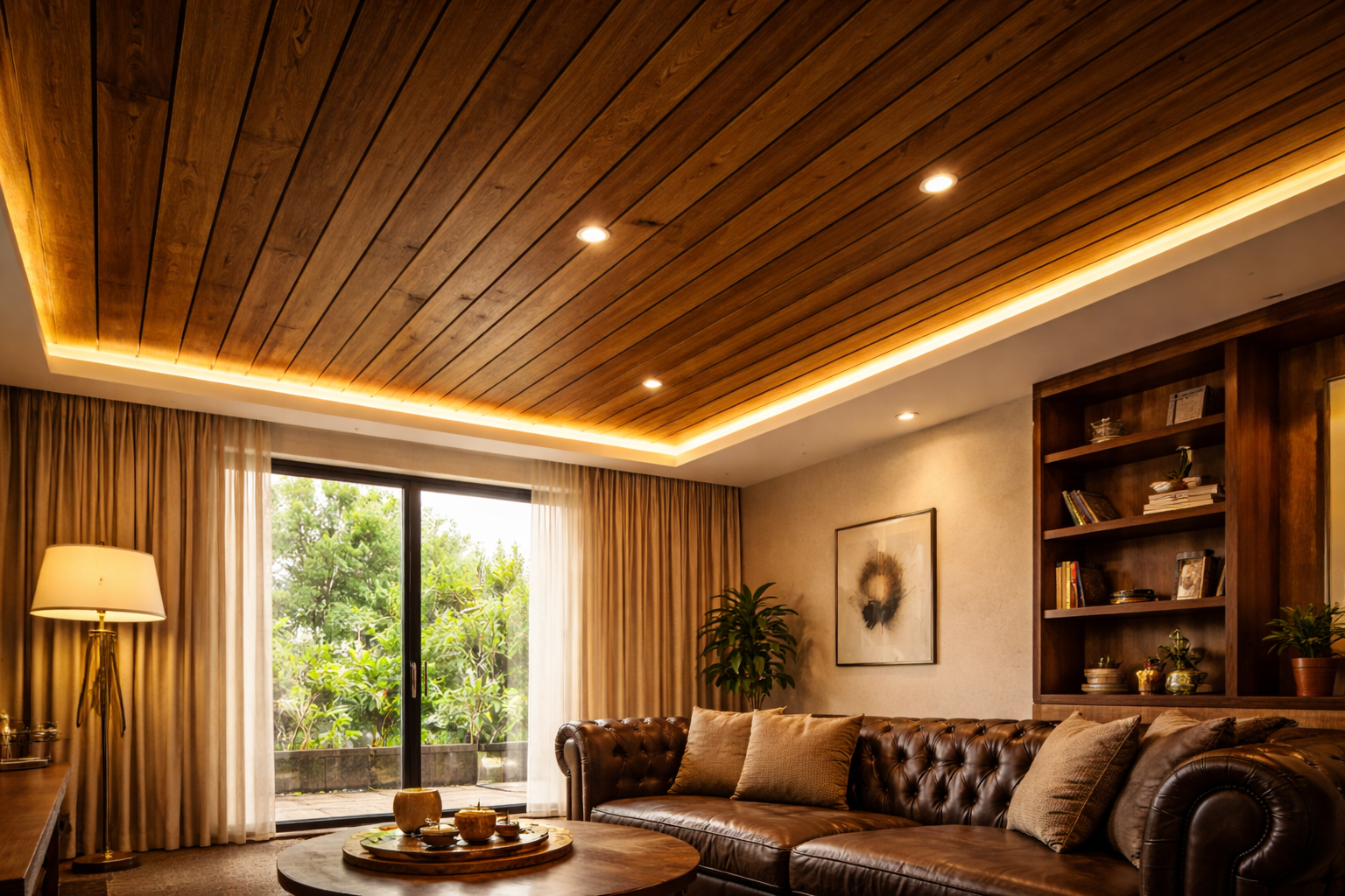 Close-up of vertical fluted MDF wall panels with warm wood-grain finish and LED accent lighting Bangalore — Elysian False Ceiling