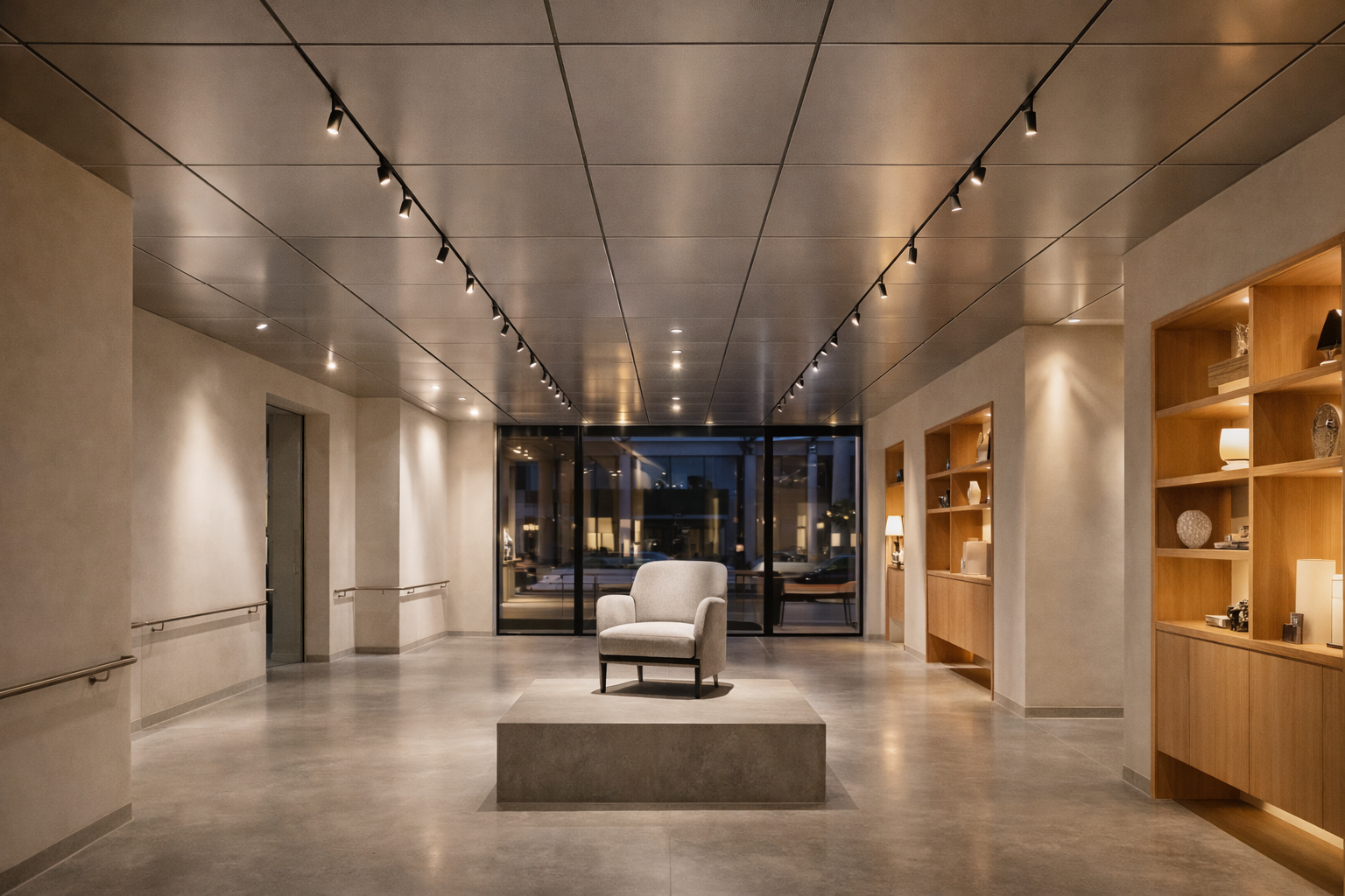 Metal false ceiling showroom commercial interior Bangalore — Elysian False Ceiling