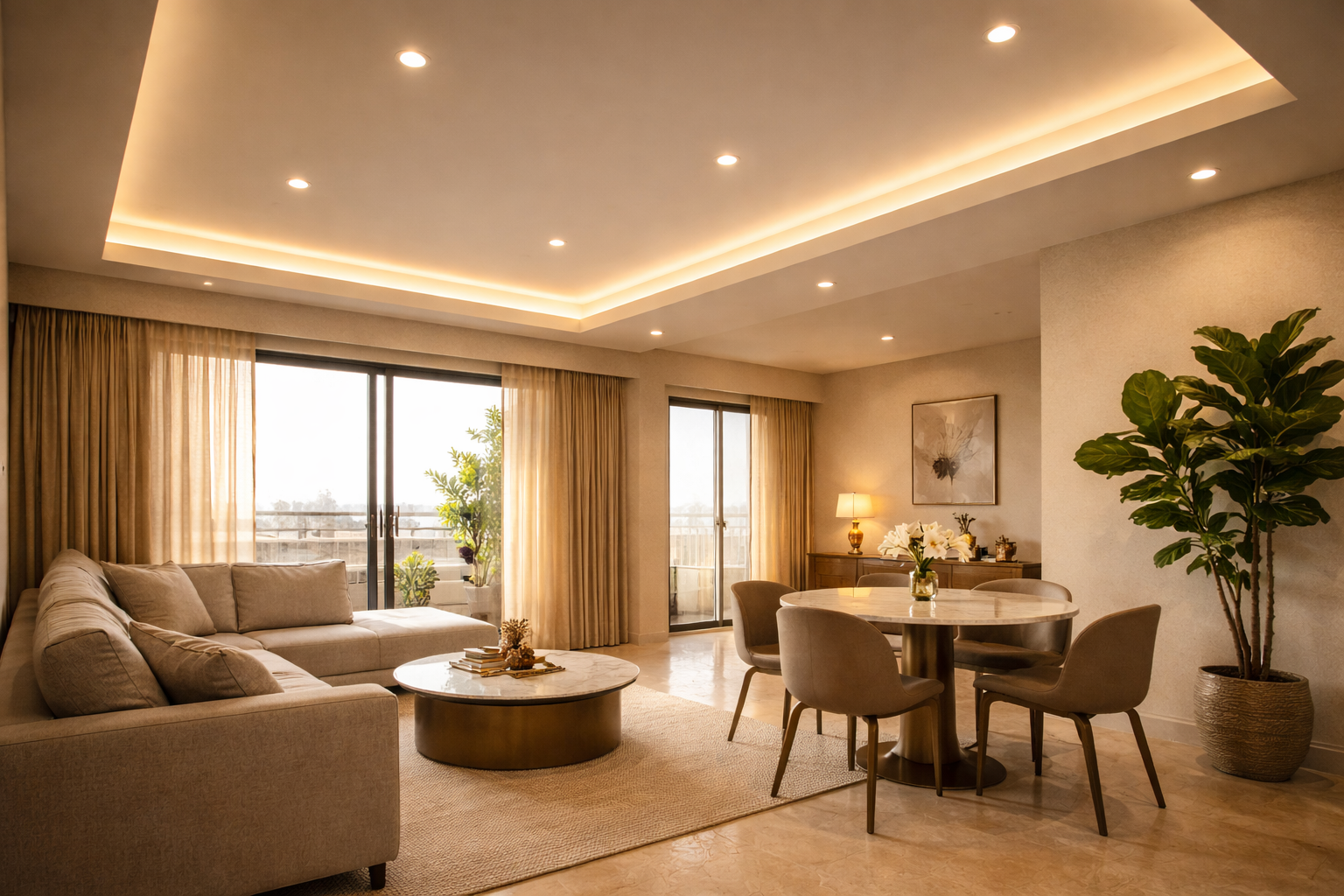 Close-up of smooth POP curved edge detail with LED strip lighting — Elysian False Ceiling