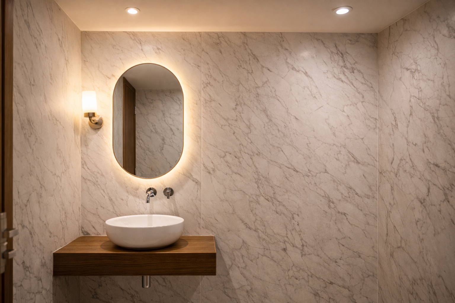 Modern bathroom wall covered in PVC wall panels marble finish clean contemporary Bangalore — Elysian False Ceiling